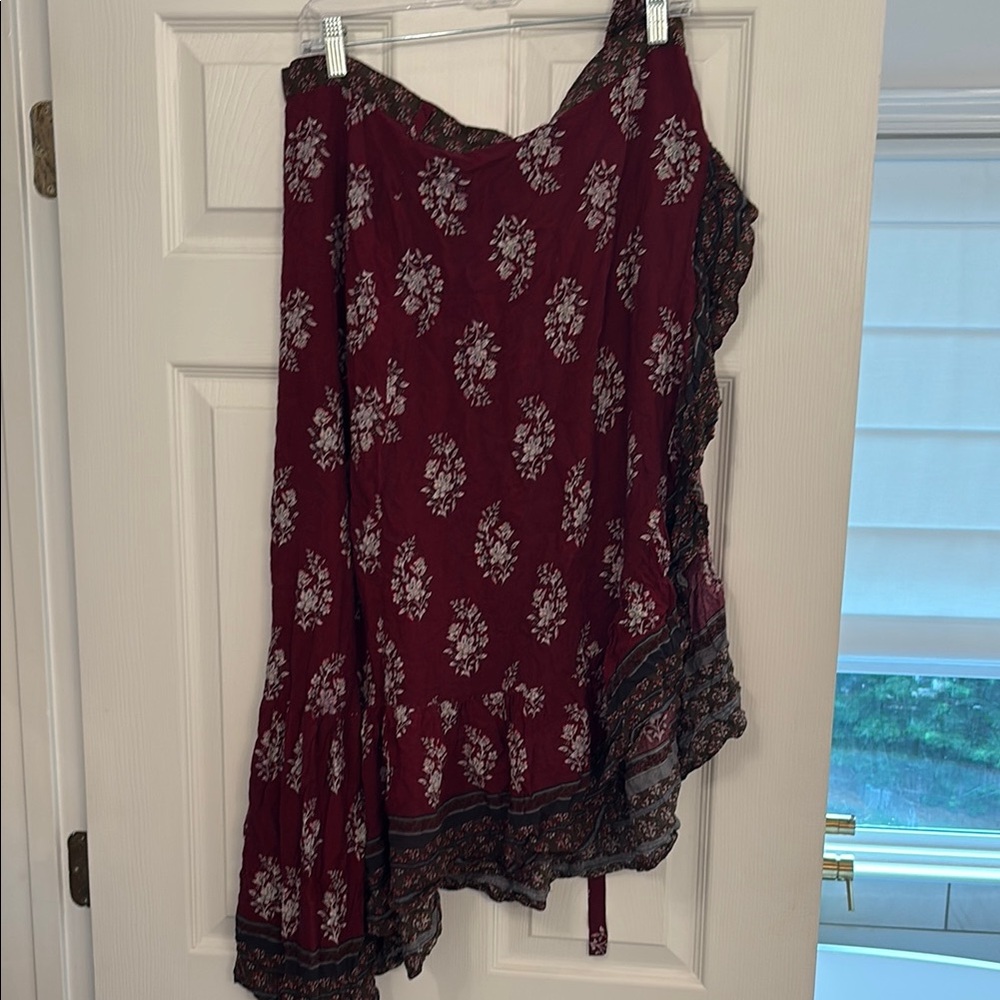 American Threads Red and White Asymmetrical Wrap Midi Skirt